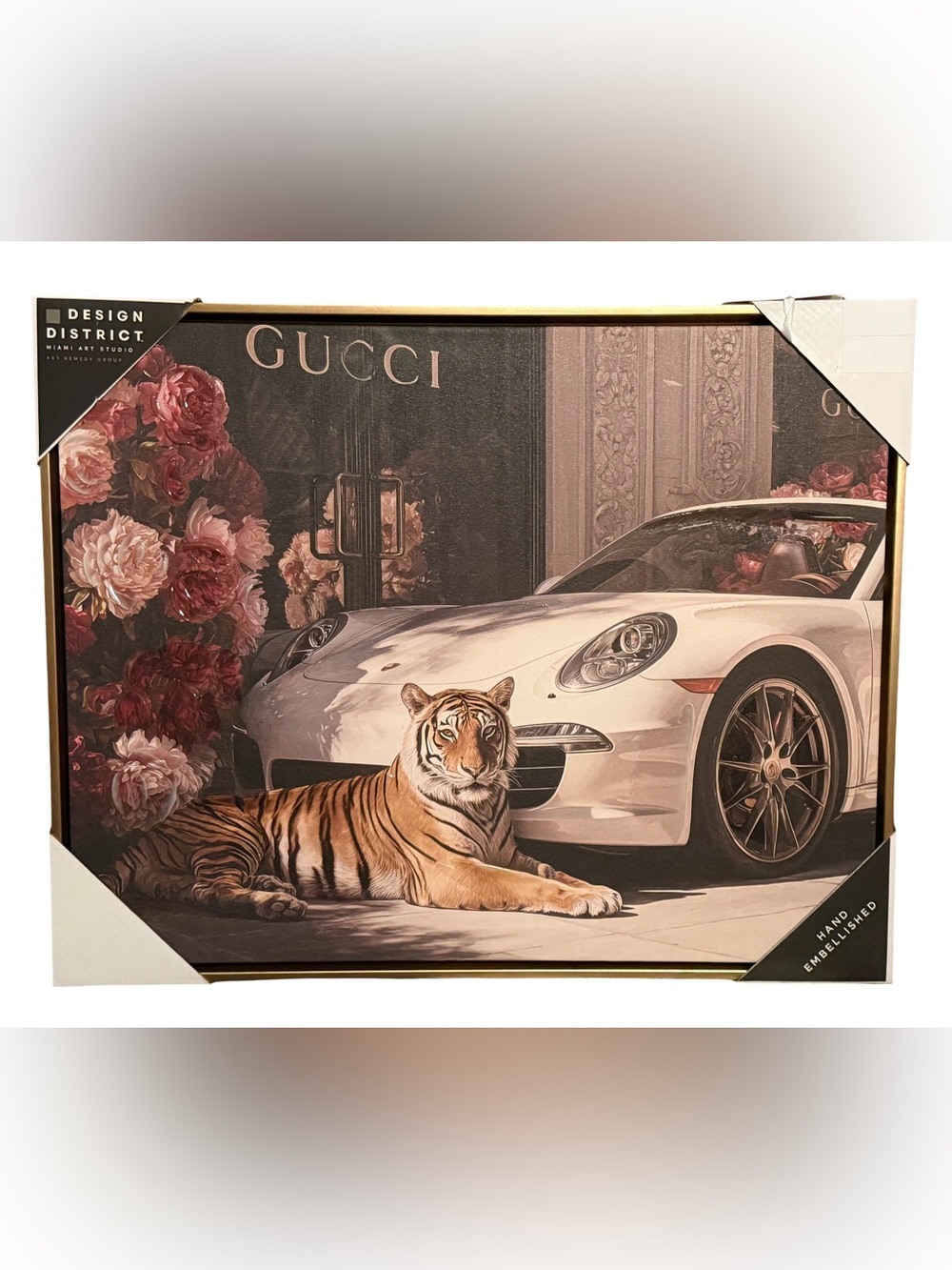Design District. NWT Stunning Gucci Tiger & White Sports Car Framed Art Print - Picture 3 of 8
